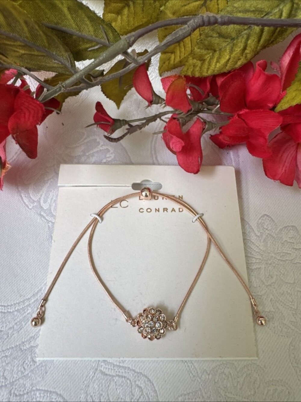 LC Lauren Conrad Thin Silvertone Adjustable Rhinestone Charm Slide Bracelet NEW